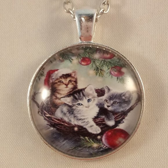 Silver Kittens Cat Santa Hat Tree Cabochon Pendant Necklace 20" Party Gift - Picture 1 of 3